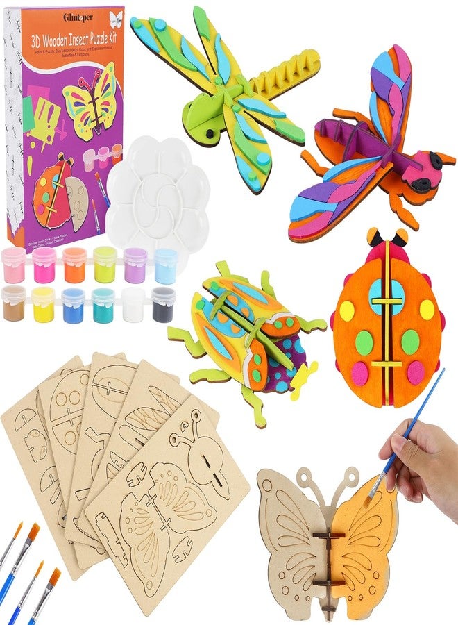 Glintoper Wooden Insect Crafts Painting Kit for Kids, 5 Piece Set 3D Insect Puzzle with Brushes & Paint, Gift for Boys Girls Age 3 4 5 6 7 8, DIY Your Own for Christmas Easter Birthday Party Favors - Image 1